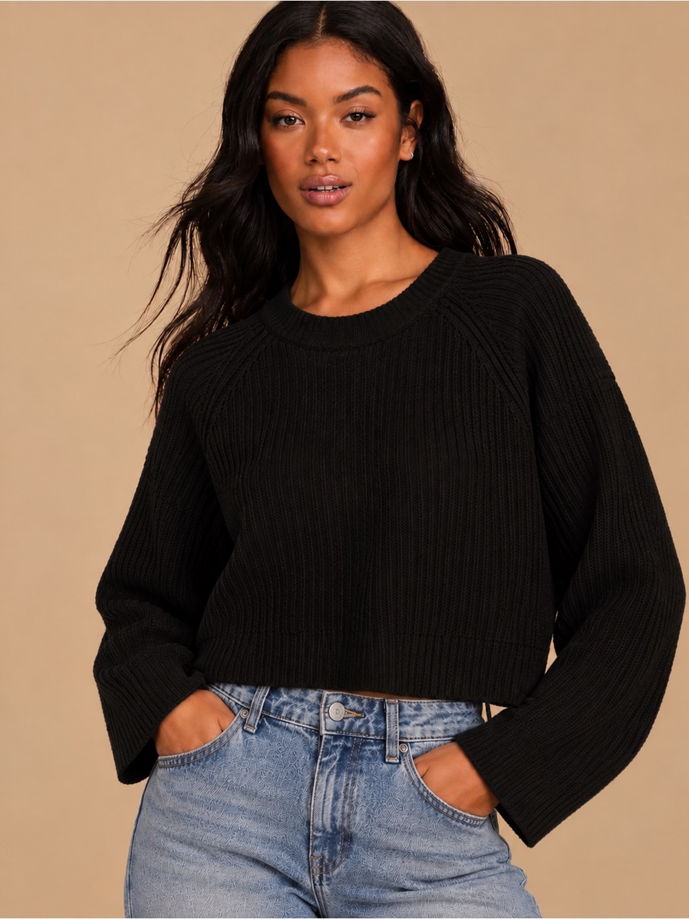 NWOT Lulus Black Ribbed Cropped Thick Knit Crewneck Sweater
